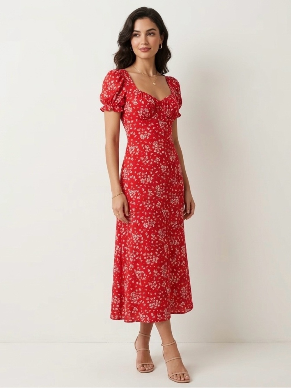 Inspired Hearts Red Floral Midi Dress Cutout Back Size M